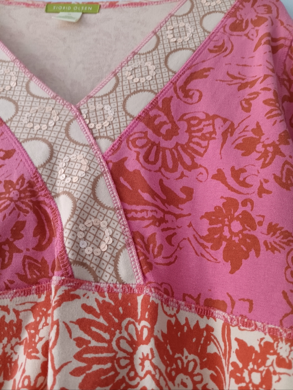 Sigrid Olsen Pink Cream Floral Sequin V Neck Cotton Boho Peplum Blouse XL - Picture 4 of 6
